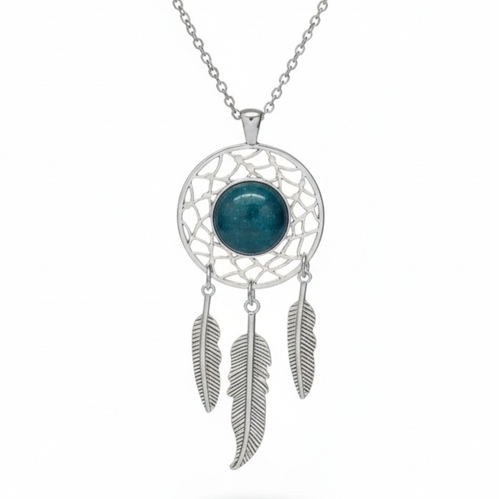 Dream‎ Catcher Necklace with Ocean Jasper Stone and Feather Dangles Silver Tone